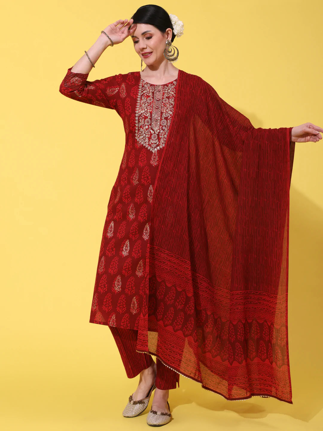 Red Cotton Printed & Zari Embroiderd Kurti Palazzo Dupatta Set