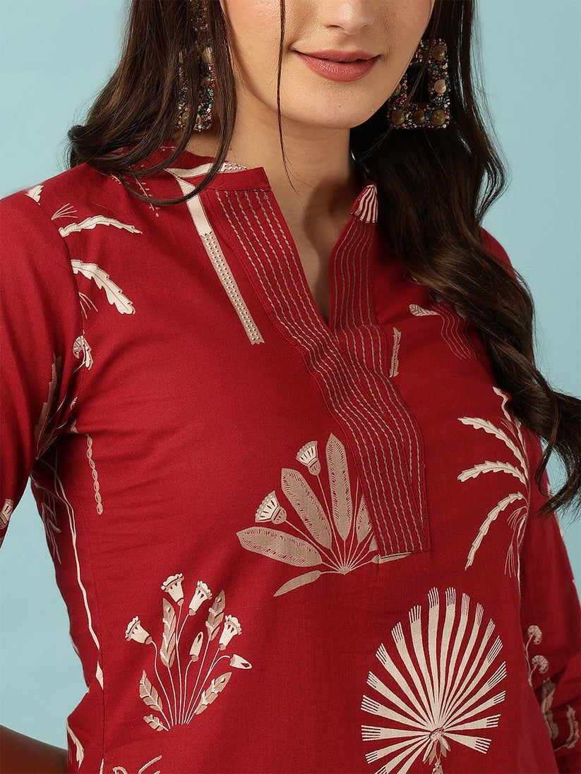 Red Printed Rayon Kurti Palazo Set