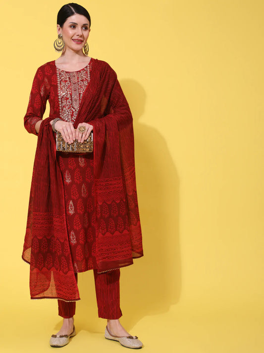Red Cotton Printed & Zari Embroiderd Kurti Palazzo Dupatta Set