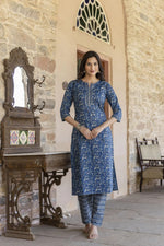 Load image into Gallery viewer, Blue Floral Printed Pure Cotton Kurti With Pants Set
