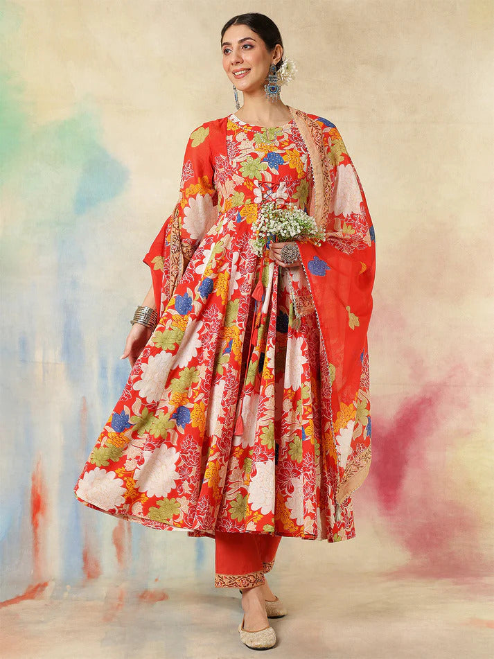 Multi Pure Cotton Floral Printed Anarkali kurti set