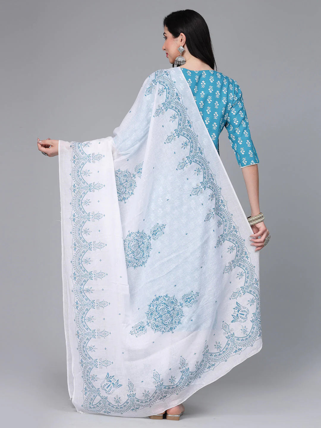 Turquoise & White Printed Rayon Kurti Palazzo Dupatta Set