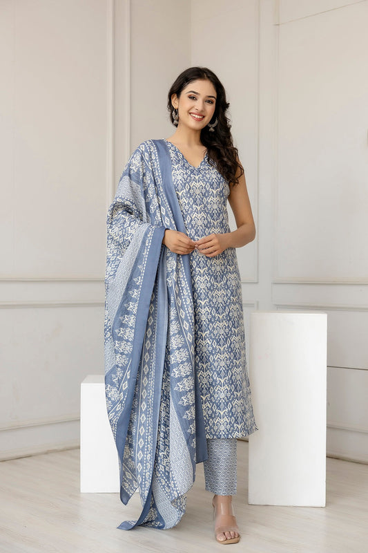 Grey Printed Cotton Blend Kurti Set