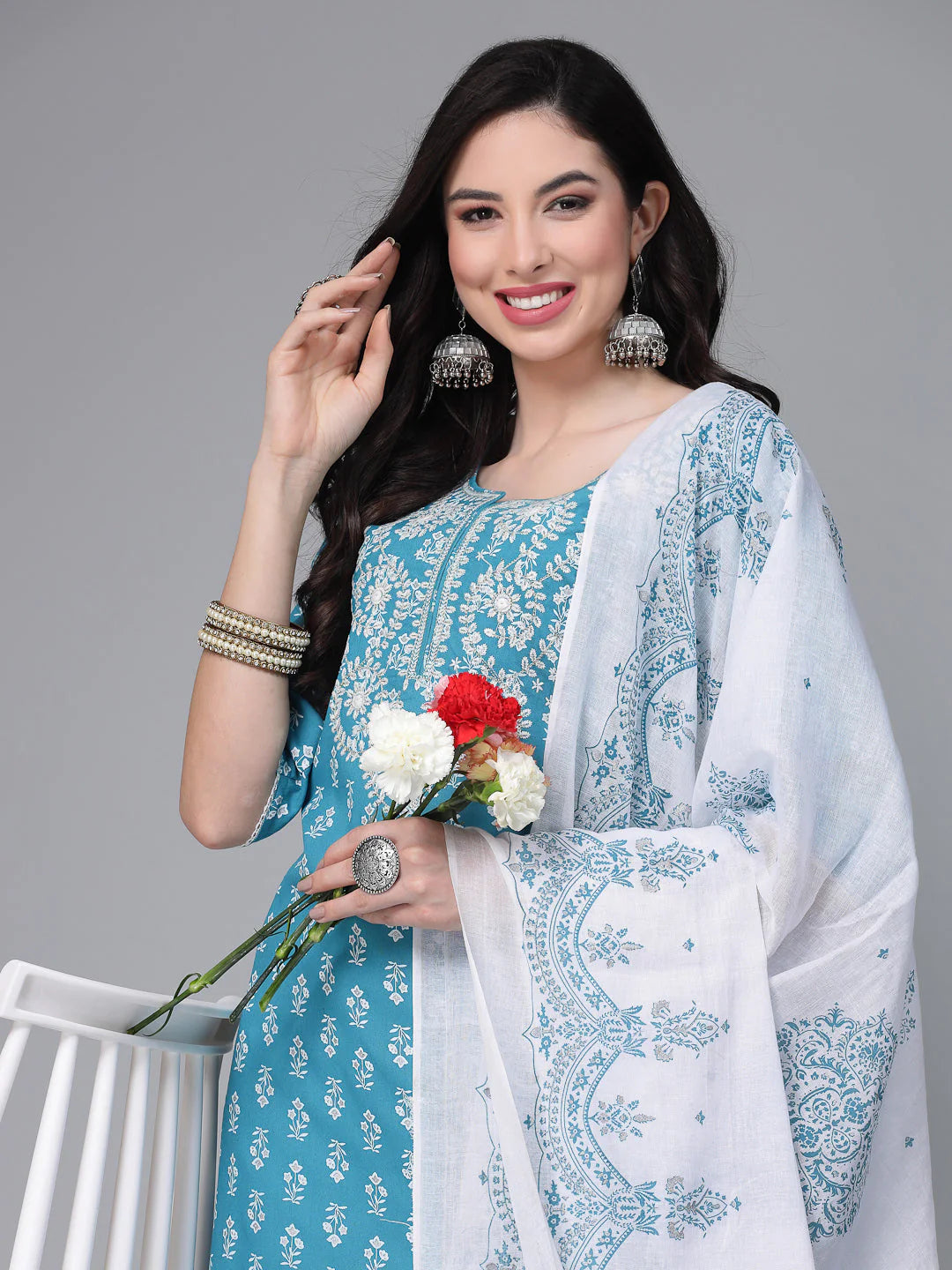 Turquoise & White Printed Rayon Kurti Palazzo Dupatta Set