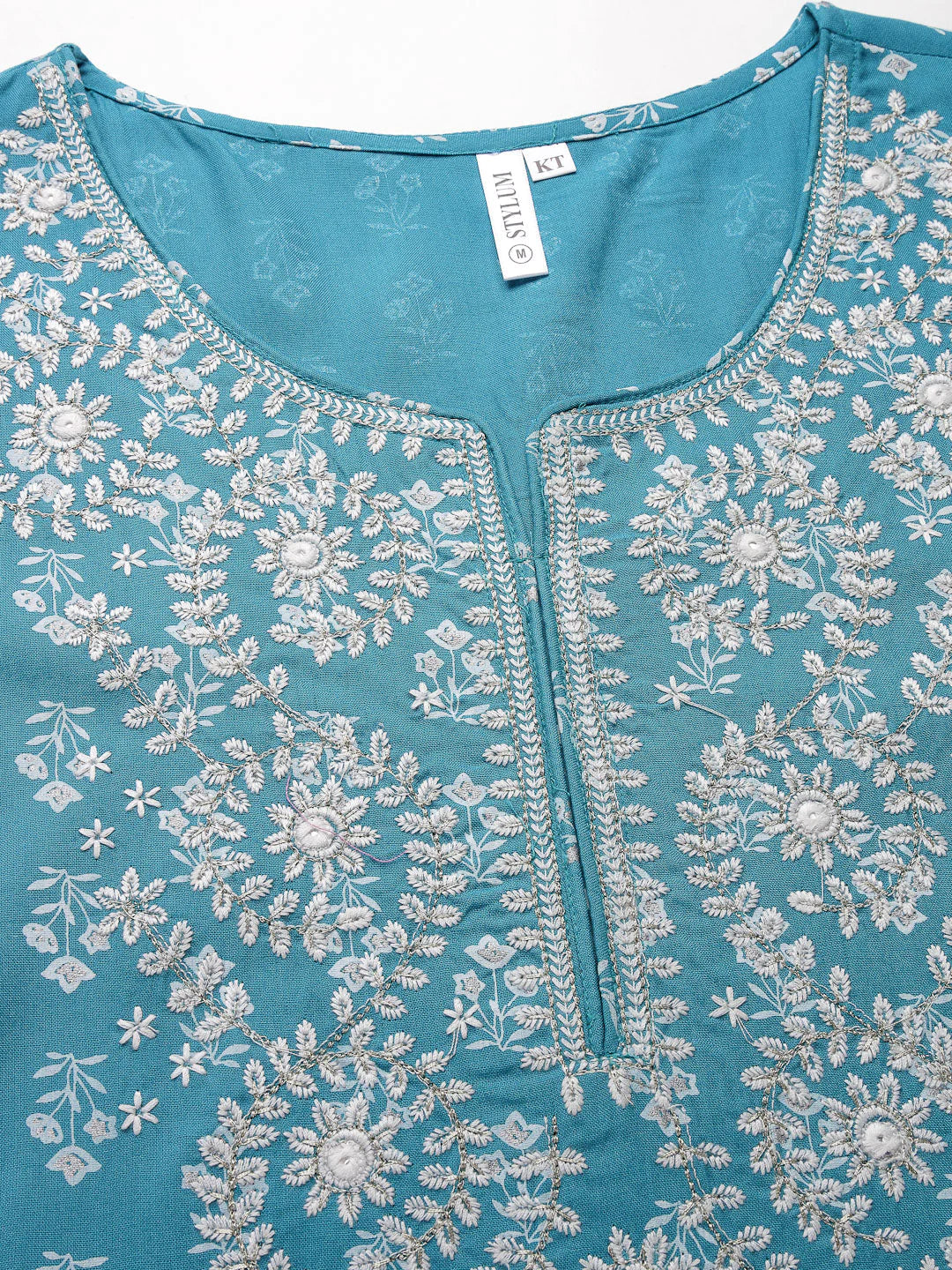 Turquoise & White Printed Rayon Kurti Palazzo Dupatta Set