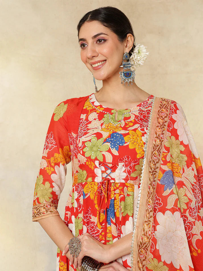 Multi Pure Cotton Floral Printed Anarkali kurti set