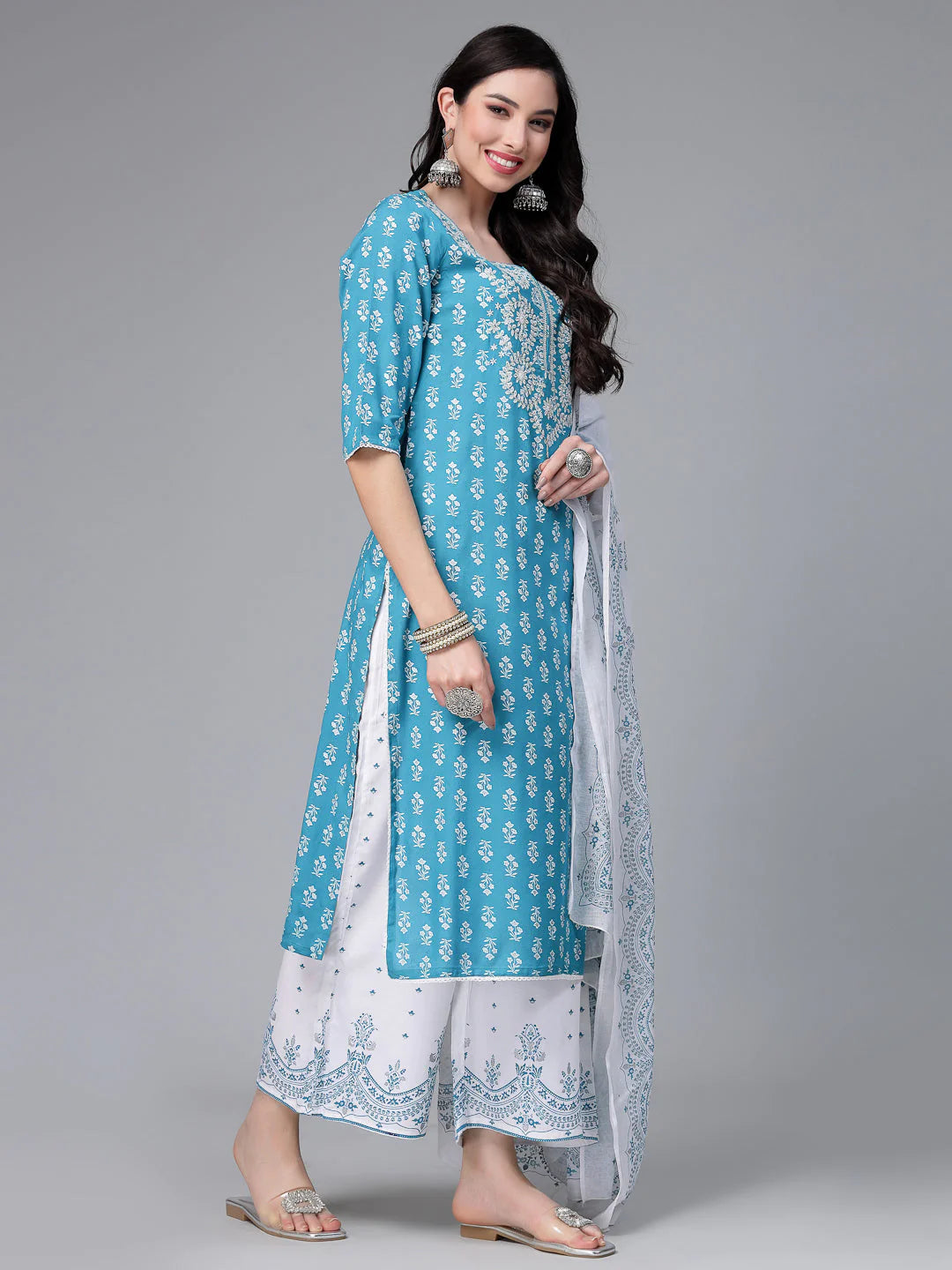 Turquoise & White Printed Rayon Kurti Palazzo Dupatta Set
