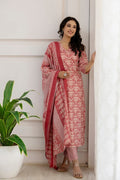 Pink Printed Cotton Blend Kurti Set