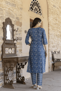 Blue Floral Printed Pure Cotton Kurti With Pants Set