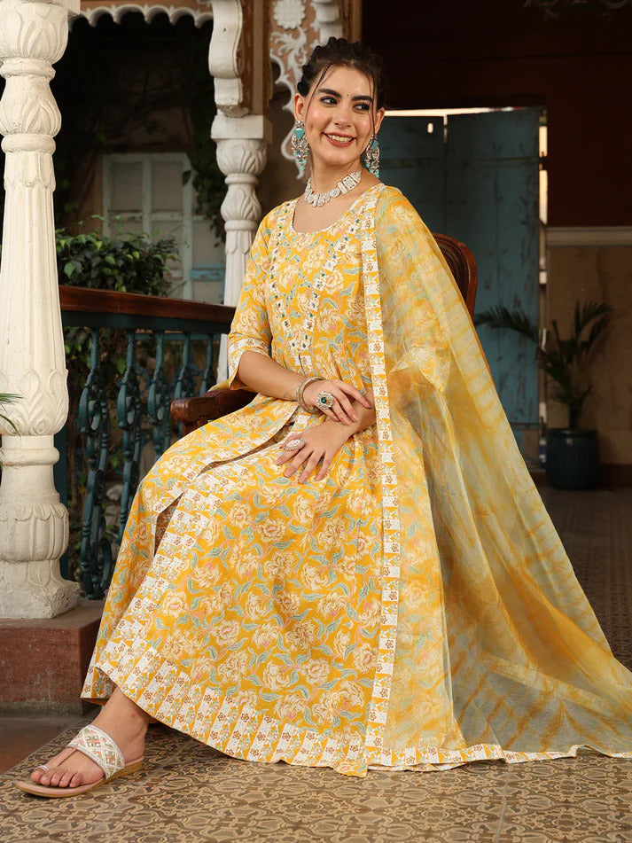 Yellow Cotton Anarkali kurti set