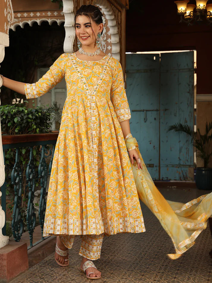 Yellow Cotton Anarkali kurti set