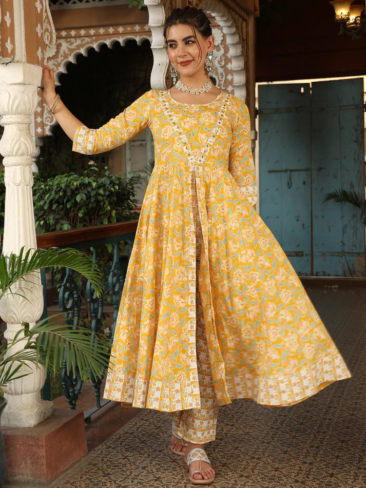 Yellow Cotton Anarkali kurti set