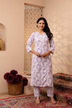 Purple & White Floral Printed Pure Cotton Flared Kurti With Pants & Dupatta