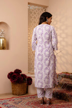 Purple & White Floral Printed Pure Cotton Flared Kurti With Pants & Dupatta