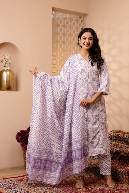 Purple & White Floral Printed Pure Cotton Flared Kurti With Pants & Dupatta