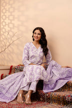Purple & White Floral Printed Pure Cotton Flared Kurti With Pants & Dupatta