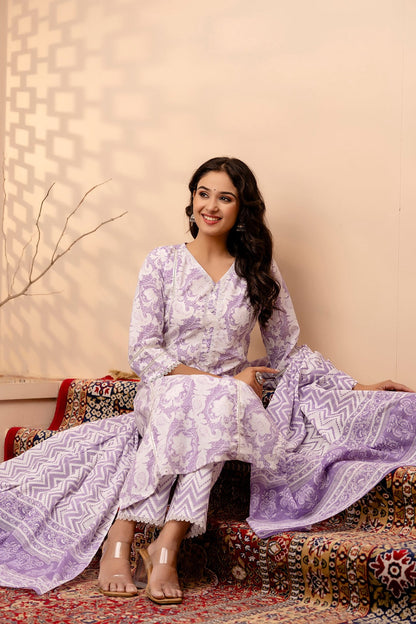 Purple & White Floral Printed Pure Cotton Flared Kurti With Pants & Dupatta