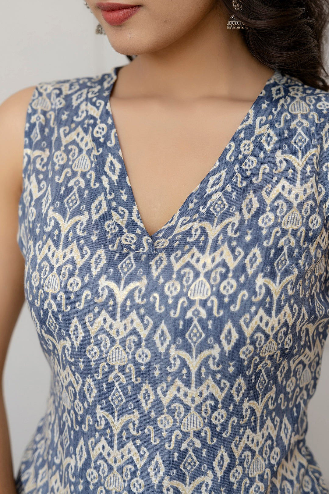 Grey Printed Cotton Blend Kurti Set