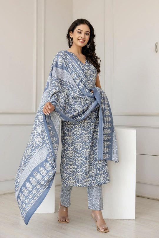Grey Printed Cotton Blend Kurti Set