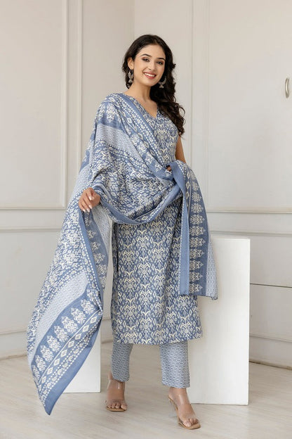 Grey Printed Cotton Blend Kurti Set