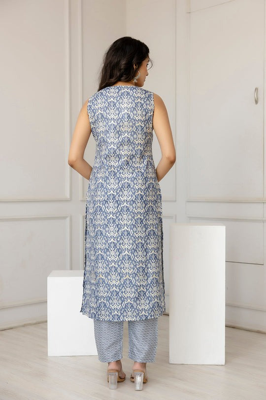 Grey Printed Cotton Blend Kurti Set