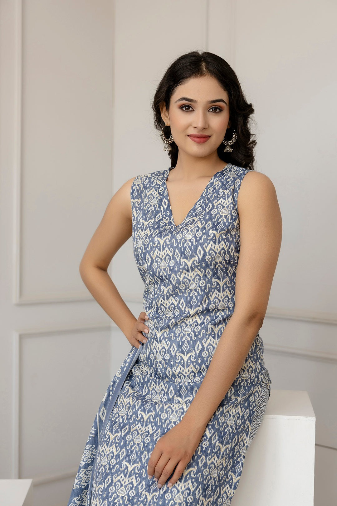 Grey Printed Cotton Blend Kurti Set