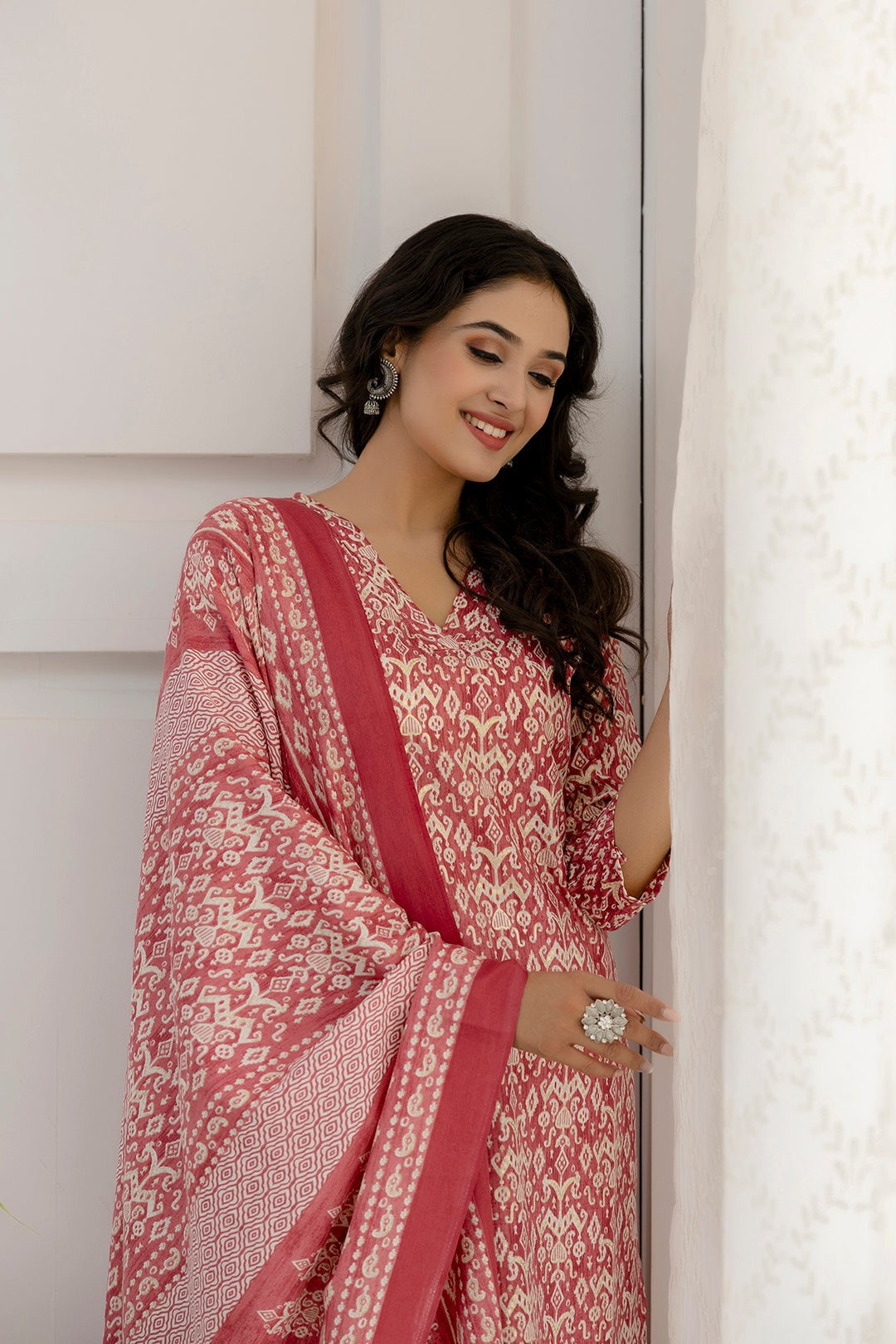 Pink Printed Cotton Blend Kurti Set