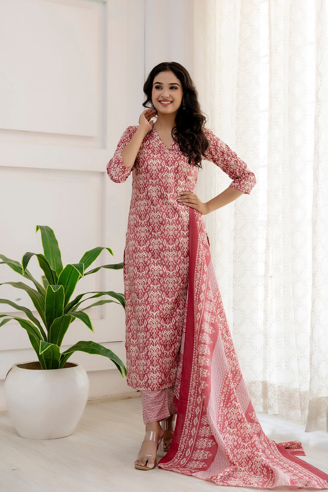 Pink Printed Cotton Blend Kurti Set