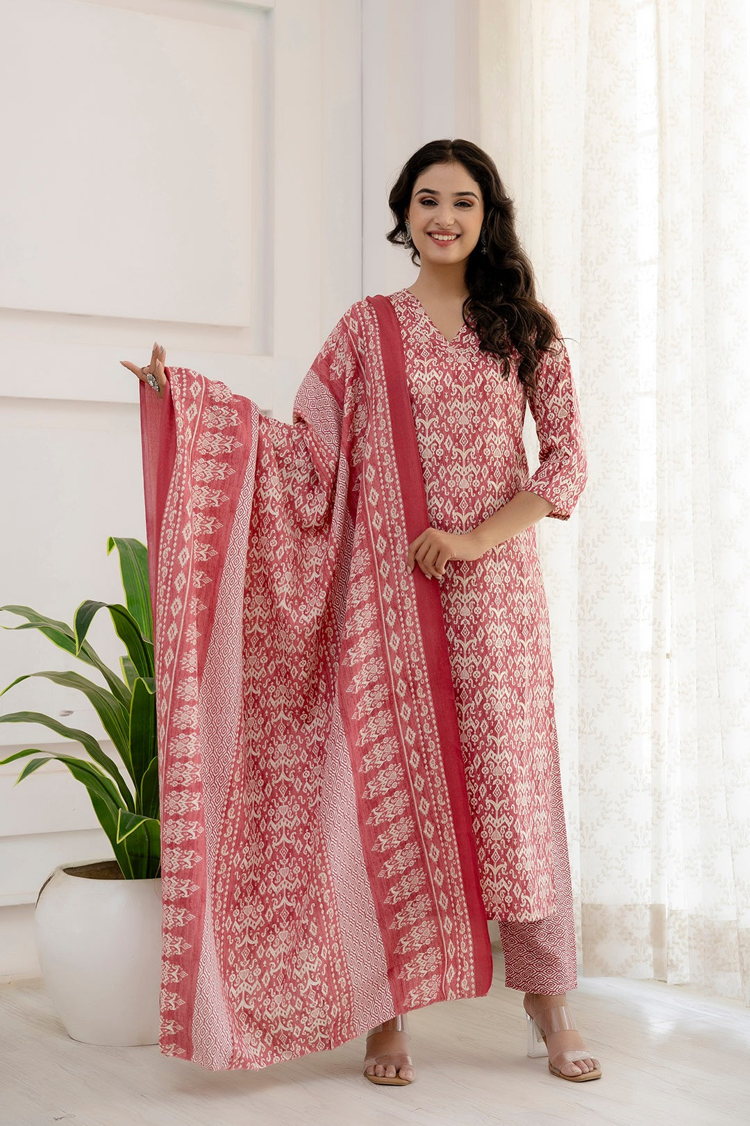 Pink Printed Cotton Blend Kurti Set