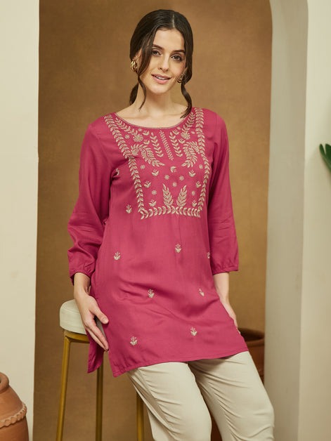 Pink Embroidered Soft Rayon Short Kurti Top