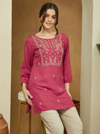 Pink Embroidered Soft Rayon Short Kurti Top