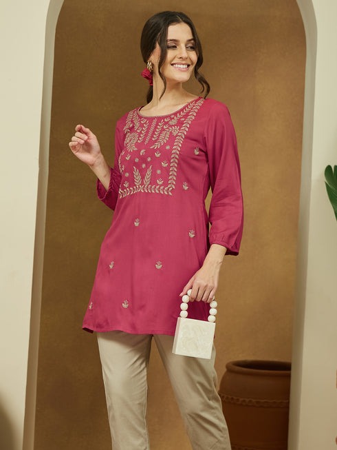 Pink Embroidered Soft Rayon Short Kurti Top