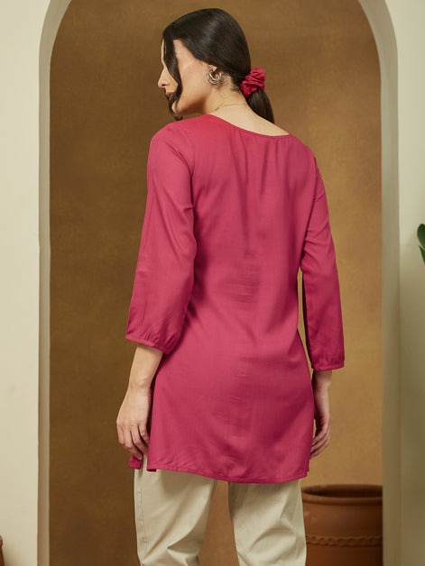 Pink Embroidered Soft Rayon Short Kurti Top