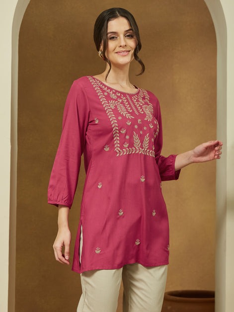 Pink Embroidered Soft Rayon Short Kurti Top