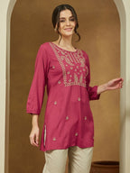 Pink Embroidered Soft Rayon Short Kurti Top