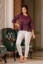 Burgundy & Grey Cotton Printed Short Kurti Top