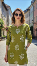 Olive Green White Printed Soft Cotton Short Kurti Top
