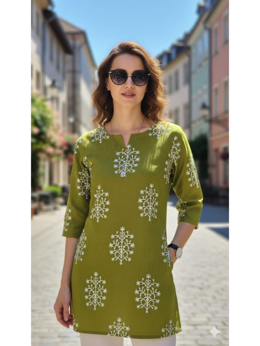 Olive Green White Printed Soft Cotton Short Kurti Top