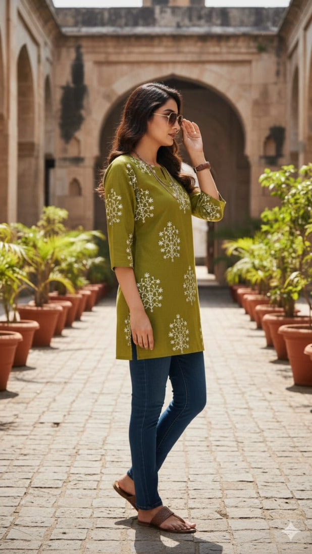 Olive Green White Printed Soft Cotton Short Kurti Top