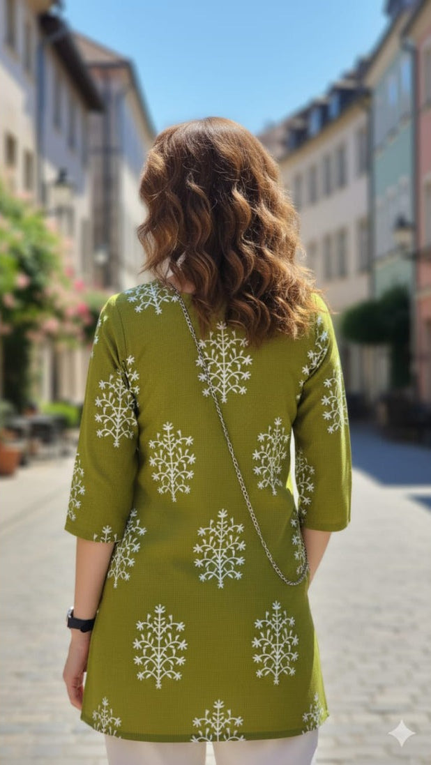 Olive Green White Printed Soft Cotton Short Kurti Top