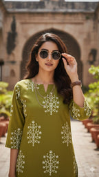 Olive Green White Printed Soft Cotton Short Kurti Top