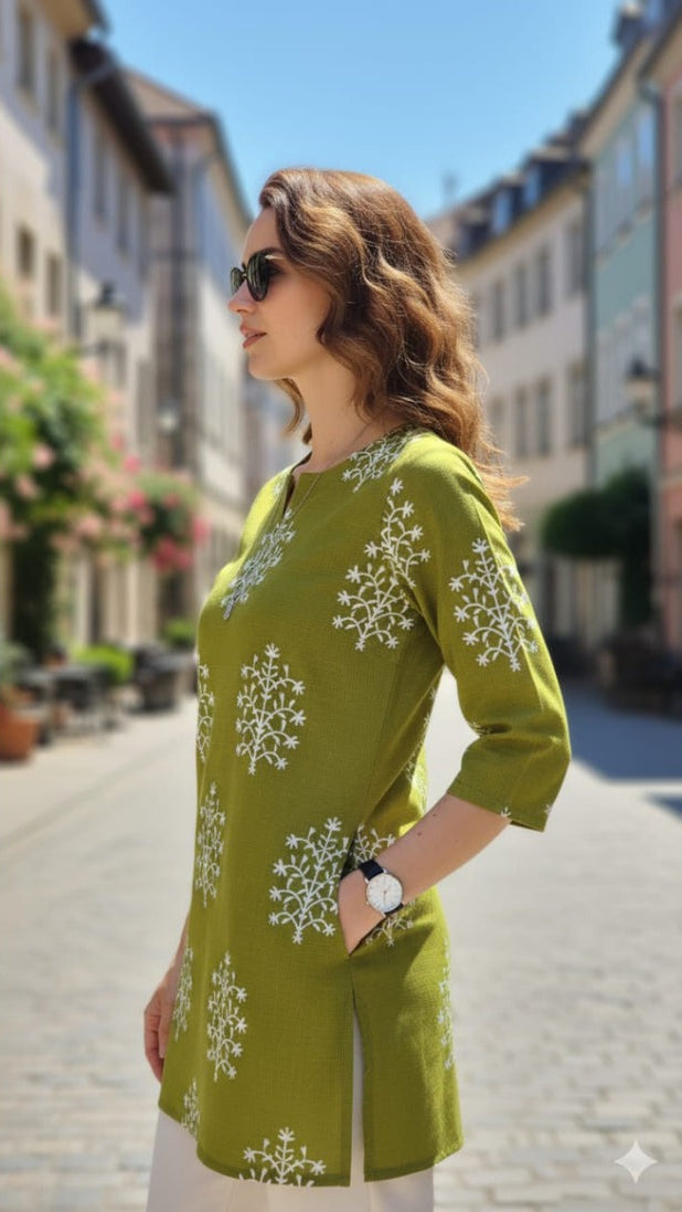 Olive Green White Printed Soft Cotton Short Kurti Top