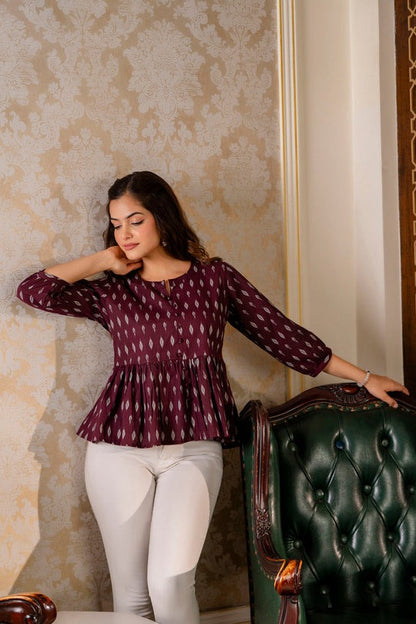 Burgundy & Grey Cotton Printed Short Kurti Top