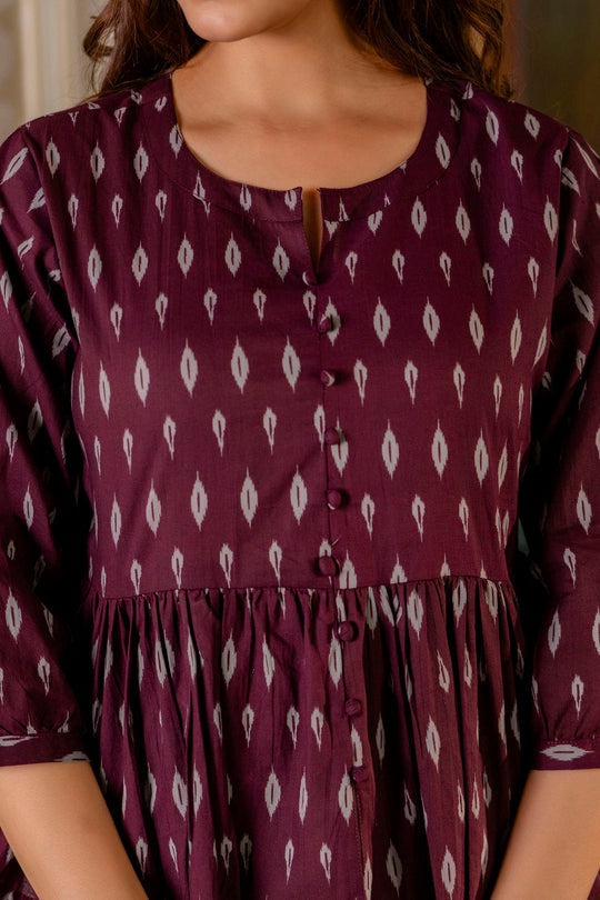 Burgundy & Grey Cotton Printed Short Kurti Top