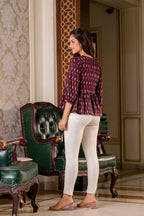 Burgundy & Grey Cotton Printed Short Kurti Top