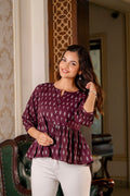 Burgundy & Grey Cotton Printed Short Kurti Top