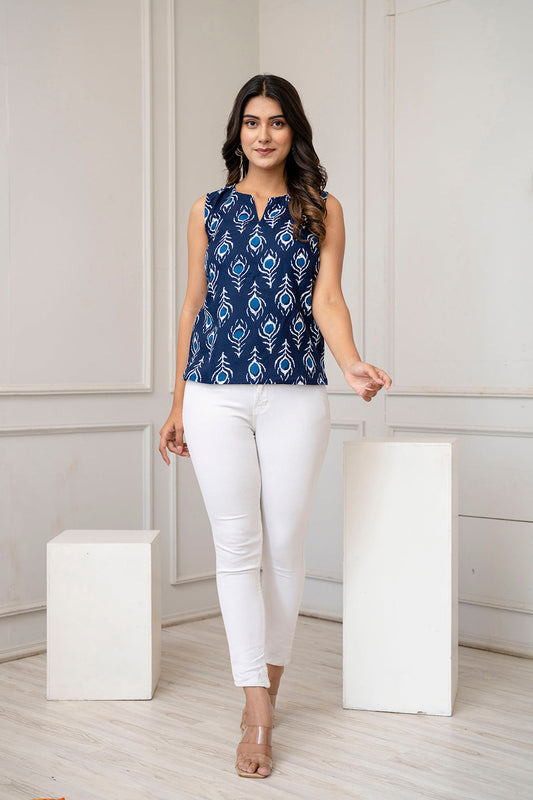 Blue Cotton Floral Printed Top