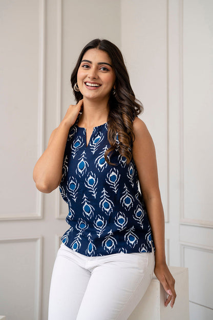 Blue Cotton Floral Printed Top