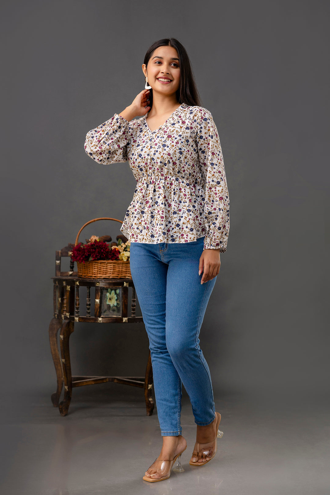 White floral Printed Cotton Short Kurti Top