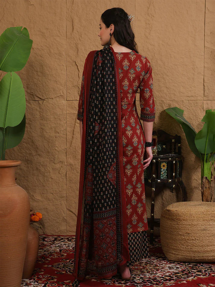 Maroon & Black Printed cotton  Kurti Set